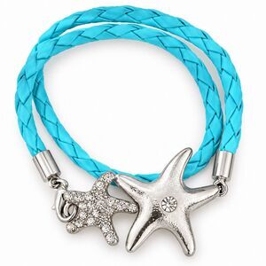 Turquoise Braided Rope Starfish Bracelet Silver Tone Crystal Rhinestone Wrap